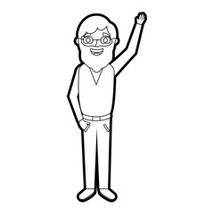 old man happy grandfather hands up character vector illustration outline