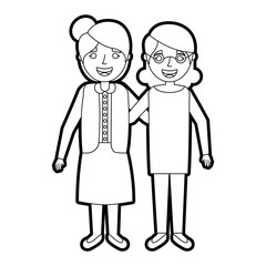 two older women friends embraced standing vector illustration outline