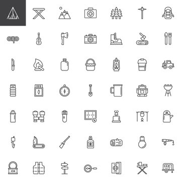 Hiking and Camping universal line icons set, outline vector symbol collection, linear style pictogram pack. Signs, logo illustration. Set includes icons as tent, camp chair, campfire, sleeping bag