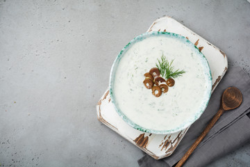 Traditional Greek sauce Tzatziki. Yoghurt, cucumber, dill, garlic and salt oil in a ceramic bowl on a gray stone or concrete background. Rustic style. Selective focus. Top view.