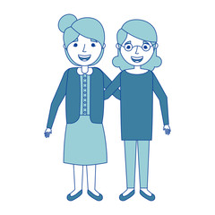 two older women friends together embraced blue vector illustration