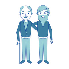 cartoon of two old men embraced friends together blue vector illustration