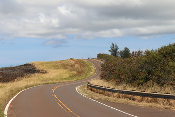Naklejka premium winding road to horizon against blue sky with dark clouds