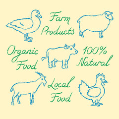 Set of hand drawn farm animals icons and lettering