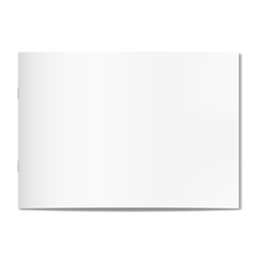 Vector thin horizontal realistic closed book, journal or magazine cover mockup with sheet of A4. Blank front or cover page of sketchbook or notepad on staples template for catalog, brochure design