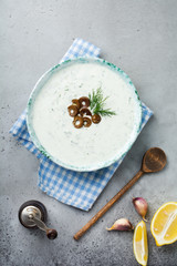 Traditional Greek sauce Tzatziki. Yoghurt, cucumber, dill, garlic and salt oil in a ceramic bowl on a gray stone or concrete background. Rustic style. Selective focus. Top view.