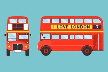Red double-decker bus icon front and side view with I love london tag