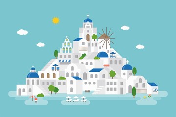 Flat design of Santorini cityscape view included landmark church, wind mill, building, beach umbrella, beach chair - obrazy, fototapety, plakaty