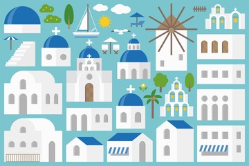 Fototapeta premium Santorini elements constructor set include church, bell, beach chair, umbrella, seagull, tree, building in flat design for make an Island of Santorini, greece