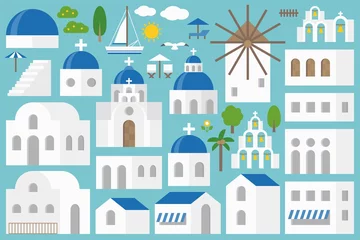 Poster Santorini-elementenbouwerset omvat kerk, bel, strandstoel, paraplu, zeemeeuw, boom, gebouw in plat ontwerp voor het maken van een eiland Santorini, griekenland © lukpedclub