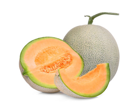 whole and half with slice of japanese melons, orange melon or cantaloupe melon isolated on white background