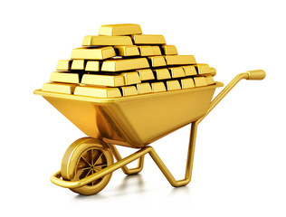 Wheelbarrow full of gold. 3D illustration