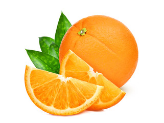 whole and slice of orange fruit with green leaves isolated on white background