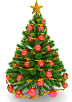 Christmas tree decorated with red Christmas balls, golden Christmas star and ribbon - isolated on white
