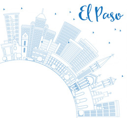 Outline El Paso Skyline with Blue Buildings and Copy Space.