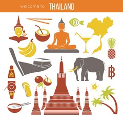Set of Thailand travel symbols and Bangkok landmarks.