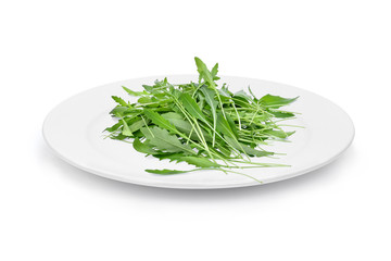 green wild rocket leaves in the white plate isolated on white background