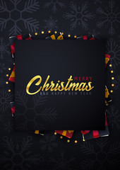 Marry Christmas and Happy New Year poster and banner on dark background with gift boxes. Vector illustration.