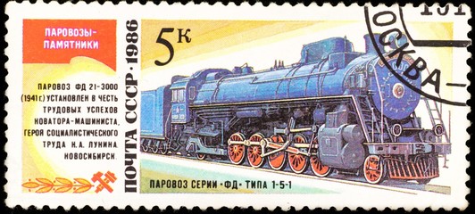 Old postage stamp shows soviet retro locomotive, locomotive monument series, printed in USSR in 1982