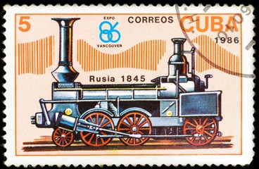 Fototapeta na wymiar old postage stamp shows russian locomotive, The History of the train series, printed in Cuba in 1986