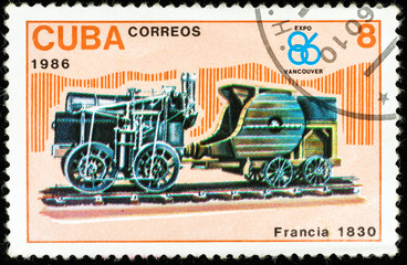 old postage stamp shows french locomotive, The History of the train series, printed in Cuba in 1986
