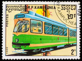 Old postage stamp shows highspeed locomotive and railway, printed in Kampuchea in 1989