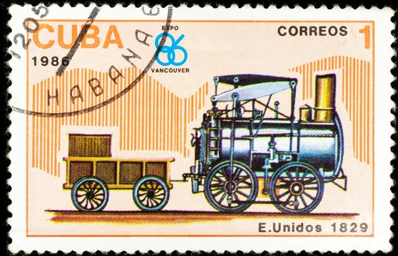 old postage stamp shows american locomotive, The History of the train series, printed in Cuba in 1986