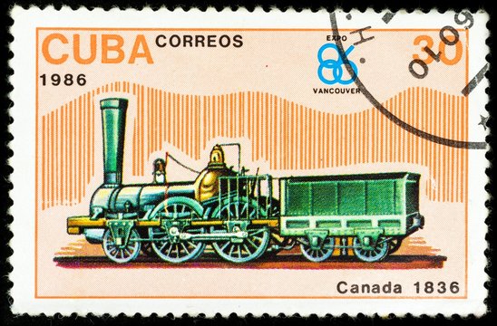old postage stamp shows canadian locomotive, The History of the train series, printed in Cuba in 1986