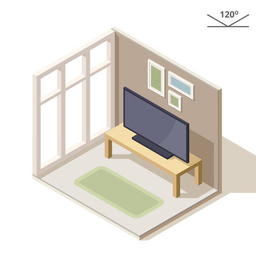 Isometric design of a living room. TV on the coffee table near the panoramic window. Paintings on the wall. 3d illustration.