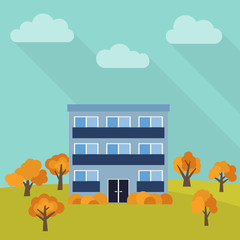 Lone three-storey house in a field with an yellow trees. Vector illustration.
