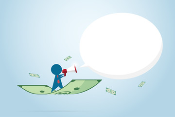 businessman holding a megaphone with banknote, marketing concept