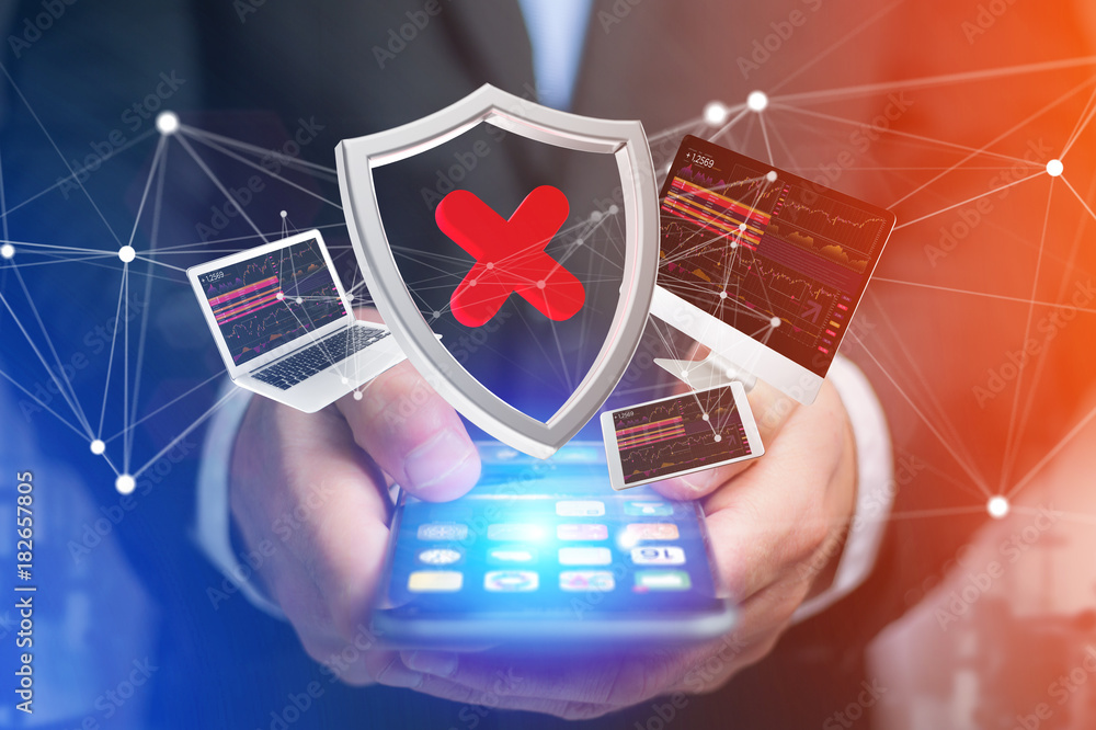 Poster hacked shield symbol surrounded by devices and network displayed on a futuristic interface