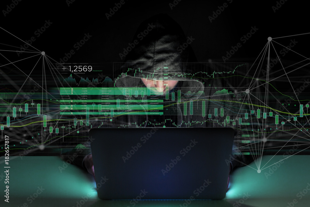Poster hacker man in the dark using computer to hack data and information system