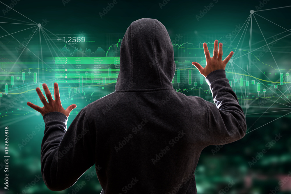 Poster hacker man in the dark using computer to hack data and information system
