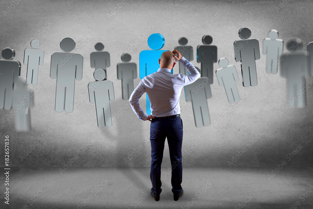 Poster businessman in front of a wall with network connection people linked each other - 3d rendering