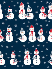 Christmas seamless pattern with cute snowmen and snowflakes for gift wrap, textile, wallpapers and scrapbook. Happy New Year 2018. Doodles, sketch for your design. Vector.
