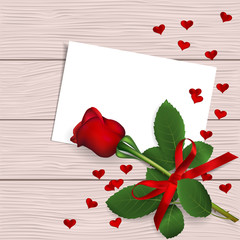 Red rose with red bow on wooden background. Greeting card for Valentine's day, women's day, mother's day, birthday. Top view with space for your text. Vector illustration