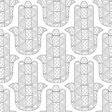 Hamsa hand. Black and white seamless pattern for coloring page. Decorative amulet for good luck and prosperity.