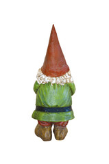 Gnome in green suit and red pointed hat in back side view