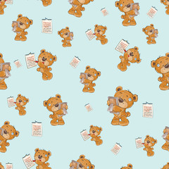 Seamless pattern with cute lonely brown teddy bear bored and waiting, striking out days in the calendar, vector cartoon illustration. Wallpaper print, template for childrens textiles, wrapping paper