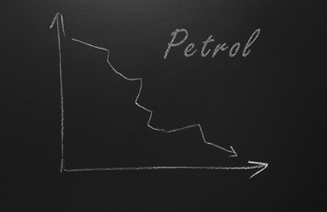 A decreasing arrow showing the price of petrol on blackboard