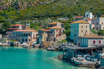 Limeni Peloponnese - Scenic view at the picturesque village of limeni with the beautiful alleys and the characteristic stone buildings. - obrazy, fototapety, plakaty