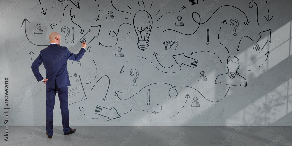 Aufkleber businessman drawing a project sketch on a wall 3d rendering