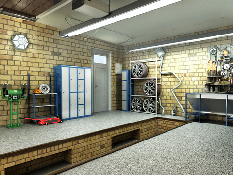 View of a Garage 3D Interior with Opened Roller Door 3D Rendering
