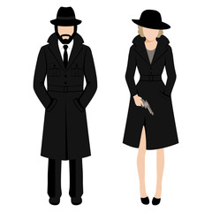 Vector illustration of a detective spy man and woman character. private ivestigation agent. mafia gangster