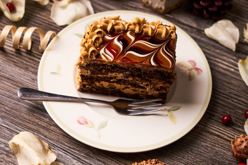 Slice of peanut cake with chocolate