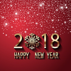 Happy New Year 2018 text design. Vector greeting illustration with golden numbers and snowflake