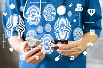 Doctor on phone confirms fingerprint purchase credit card in medicine