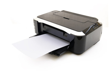 Printer and paper isolated on white background