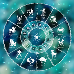 Blue neon horoscope circle.Circle with signs of zodiac.Vector